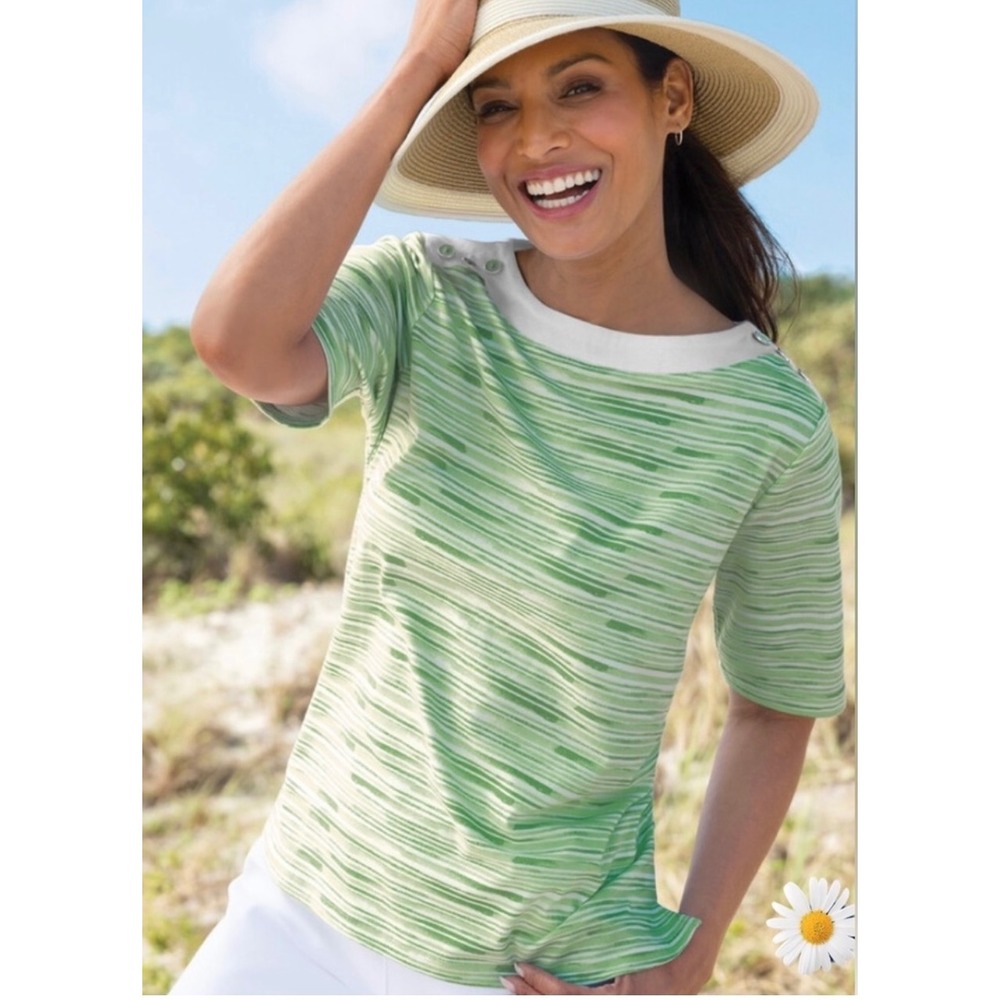 Appleseed's Green Brushstrokes Striped Top Tshirt Size 3X Plus Button‎ Detail